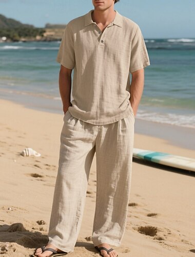  Herren Leinenhemd Zweiteilig Popover-Hemd Und Leinenhosen Hose Freizeithose Set Einfach Täglich Outdoor Strand Umlegekragen Kurzarm Sommer Frühling Mode Lässig Bequem Bekleidung