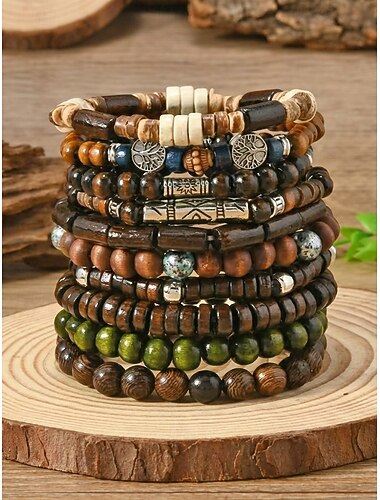  Pánská sada náramků z bohémských dřevěných korálků, 10dílná elastická stohovatelná korálková náramka pro dovolenou na pláži, každodenní nošení, cestování a festivalový styling