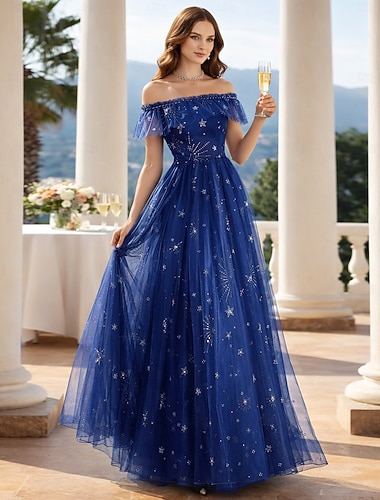  Ligne A Longueur au sol Robes de Bal Élégant Éclat & Brillance Plissé à étages Manche Courte Épaules Dénudées robe demoiselle d honneur Tenue de Soirée Tulle avec Broderie À Étages