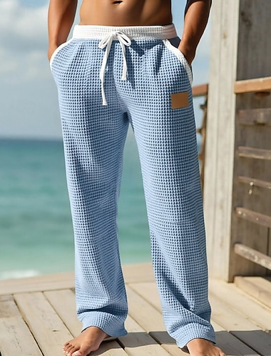  Herren Waffel Hose Freizeithose Baggy-Hosen Waffelhose Kordelzug Farbblock Komfort Volle Länge Lässig Täglich Outdoor Mode Klassicher Stil Schwarz Marineblau Mikroelastisch