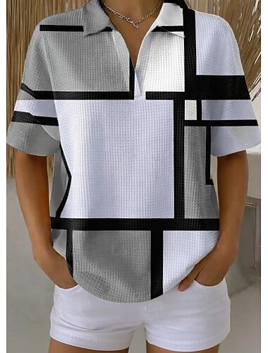  Mulheres Camisa Waffle Camisa casual Tops de verão Gráfico Geométrica Vintage à moda Sem Manga Colarinho de Camisa Tops longos Diário Ao ar livre Escritório Azul empoeirado Arco-íris Verão Primavera