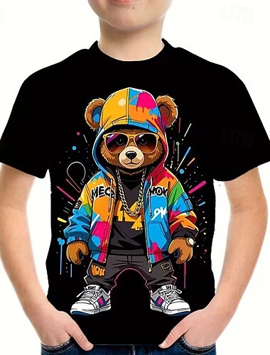  Baumwolle Kinder Jungen Schwarz Weiß Rote Grafik Bär Hühnchen T-Shirt Rundhalsausschnitt Kurzarm Lässig Täglich Outdoor Sport Mode Streetwear Frühling Ganzjahres