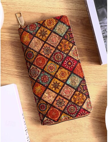  Naisten boheemi keinonahkainen pitkä lompakko, tilava ja monikorttipaikkainen vetoketjullinen clutch-laukku useissa kuvioissa shoppailuun, jokapäiväiseen käyttöön ja matkoille