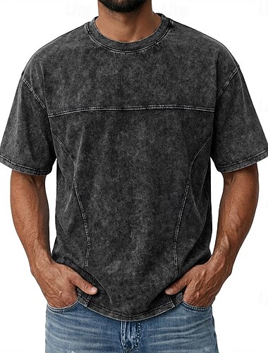  Homme T-shirt Chemise jean Chemise 100% coton délavée à l'acide Manche Courte Col ras du cou Automne & Hiver Printemps Automne Uni ancien Streetwear Occasionnel Lavé Occasionnel Maison Rue Noir Gris