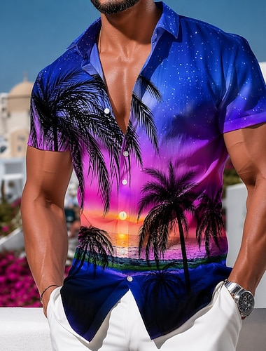  Herren Natur & Landschaft Kokospalme Tropische Pflanzen Hemd Sommer Hawaiihemd Tropische Hemden Kurzarm Hawaiianisch Resort Strandurlaub Sommer Frühling Umlegekragen 3D-Druck Hemden mit Knopfleiste