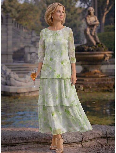  Krój A Sięgająca podłoża Do kostki Suknia Sukienka dla matki panny młodej Rękaw 3/4 Łódeczka Elegancja Zabytkowe Codzienny Formalny Szyfon Żakard z Kwiatowy wzór