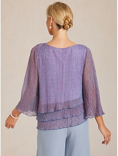  Dames Blouse Geklede topjes Metallic Effen Kleur Elegant 3/4 mouw Bel Strakke ronde hals Normale tops Dagelijks Bruiloft gast Paars Zomer Lente Herfst