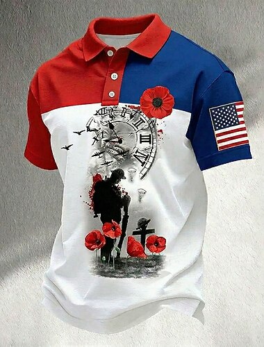  4. Juli 2026 250. Herren Amerikanische US-Flagge Poloshirts Kurzarm Polo-Shirts Hemden mit Kragen Lässig Outdoor Athleisure Knöpfe Atmungsaktives Gewebe Sommer Frühling Rot 1 Rot 3 Weiß