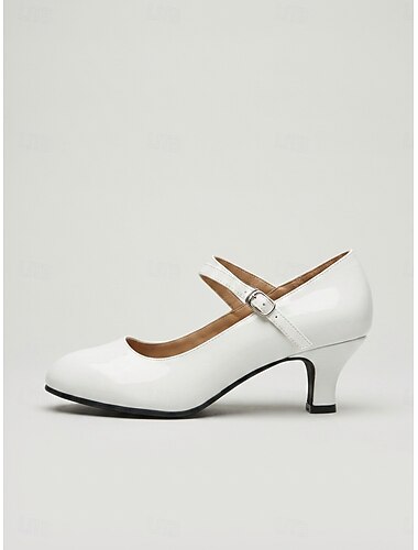  أحذية رقص بيضاء نسائية - أحذية رقص بكعب ماري جين مستديرة الأصابع مع حزام، مناسبة للتدريب الاحترافي & أداء