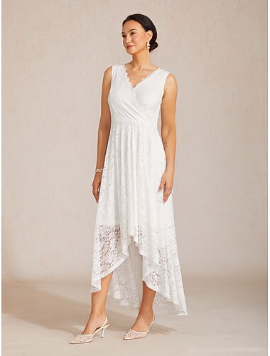  Damen Maxikleid A Linie Kleid Elegant Täglich Urlaub Hochzeit Spitze Asymmetrisch Einfarbig Ärmellos V Ausschnitt Weiß