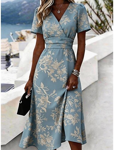  Dames Halflange jurk Hemdjurk Vakantie Casual Boho Dagelijks Zomerjurk Lente Jurk Normale pasvorm Bloemig Grafisch Korte mouw V-hals blauw Rood Licht Hemelsblauw Zomer Lente