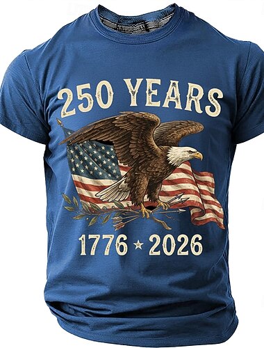  חולצת טי לגברים עם צווארון עגול, שרוולים קצרים, 250 שנה 1776 2026, חגיגת חמש מאות שנה לרביעי ביולי, צווארון עגול ...