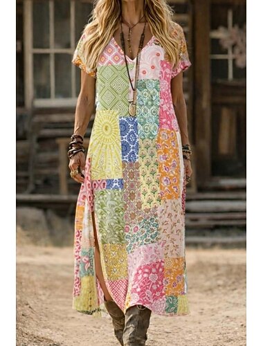  Robe longue bohème pour femme, robe trapèze, idéale pour les vacances, la plage ou les sorties. Coupe classique, imprimé floral, manches courtes, col en V, coloris orange, rouge, rose, été et