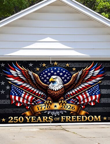  Dekorace na kryt garážových vrat k 250. výročí USA, fotografie orla ke 4. červenci, pozadí, Amerika 1776-2026, USA, banner ke Dni nezávislosti, vlastenecká dekorace.