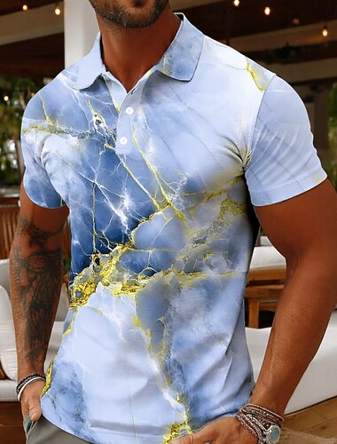  Per uomo Marmo Polo Manica Corta Magliette polo Bavero Casual Athleisure Abbigliamento quotidiano Stampa 3D Bottoni Primavera & Estate Blu azzurro cielo