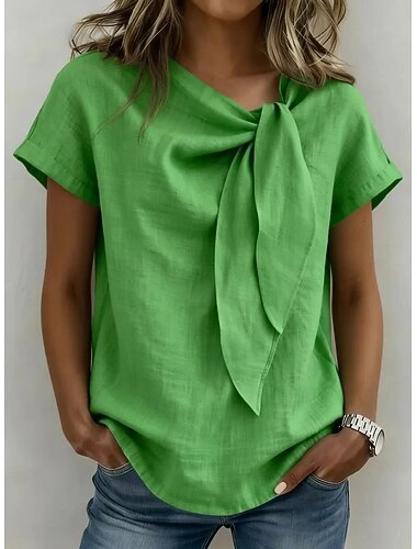  Dames Blouse Overhemd van imitatie linnen Effen Kleur Dagelijks Stijlvol Basic Korte mouw Assymmetrisch Normale tops Dagelijks Zwart Geel Rood Groen Khaki Zomer Lente