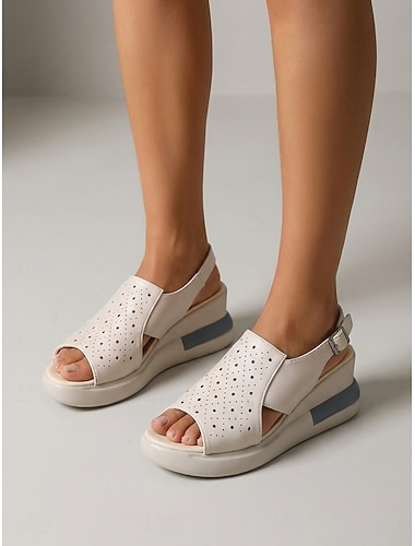  Beige damessandalen met uitgesneden sleehak, ademende platformschoenen met verstelbare bandjes, comfortabele casual schoenen met open neus voor dagelijks gebruik in de zomer. &tuinuitjes