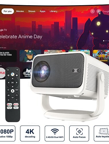  Smart-Projektor mit Google TV, native 1080p-Auflösung, unterstützt 4K, Autofokus &Automatische Trapezkorrektur, um 180° drehbarer Standfuß, 5G-WLAN-Bluetooth-Filmprojektor für Zuhause, Netflix,