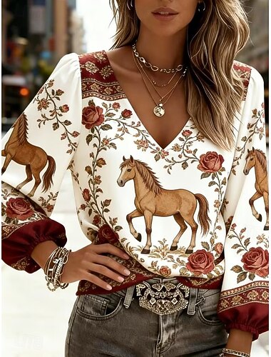  בגדי ריקוד נשים חולצה חולצת בוהו דפוס פרחוני גראפי אלגנטית בוהמיה חופשה שרוול ארוך צווארון V חולצות רגילות קזו'אל יומי חגים פול חום בהיר חום בז' קיץ אביב