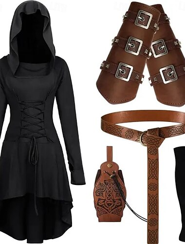  Mittelalterlich Renaissance schick Kurze Länge Kleid Taillengürtel Knielänge Socken langarm Bogenschütze Schnürung Kostüm Damen Fantasie Maskerade Party Renaissance-Messe LARP Erwachsene Kleid Socken