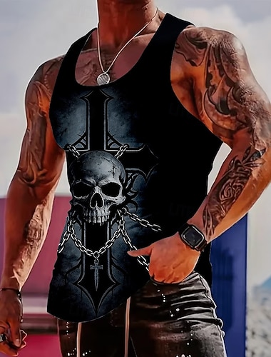  Gothic-Tanktop für Herren mit Totenkopf- und Kreuzkettenmuster, Biker-Rock-Punk-Stil, düster, figurbetont, ärmellos, für Fitnessstudio, Streetwear, Freizeit, Designer-Kleidung, Größen: S, M, L, XL,