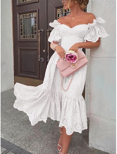  Damen Midikleid Weißes Kleid Freizeitkleid Elegant Mode Modern Outdoor Urlaub Ausgehen Normale Passform Einfach Kurzarm Schulterfrei Weiß Rosa Sommer Frühling