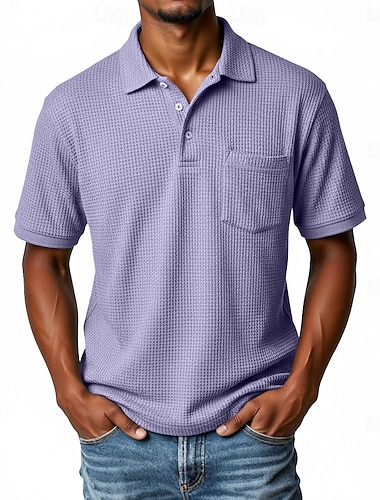  Herren Waffel-Poloshirts Textur Lässig Ferien Revers Kurzarm Mode Basic Einfach Texture Knöpfe Weich Frühling & Sommer Normale Passform Blau Dunkelgrün Schwarz Weiß Marineblau Purpur Waffel-Poloshirts