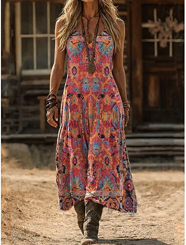  Dames Lange jurk maxi-jurk Boho-jurk Vintage Jurk Casual jurk Vintage Feestdagen Ruim Passend Bloemig Mouwloos V-hals blauw Rood Beige Zomer Lente