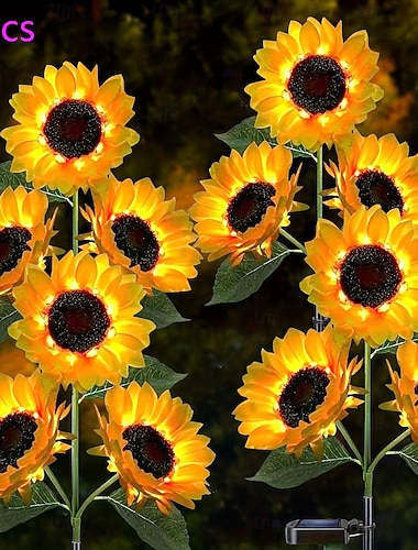  4 db kültéri, napelemes, vízálló, 3 fejes napraforgó karólámpa, dekoratív LED-lámpák kertbe, udvarra, ösvényre, gyepre, villába, teraszra, utcára, farmra – hangulatvilágítás ünnepekre, esküvőkre,