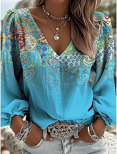  Dame Skjorte Boho skjorte Paisly Elegant Bohem Ferie Langermet V-hals Crop Tops Daglig Ferie Ut på byen Blå Rosa Himmelblå Grønn Sommer Vår