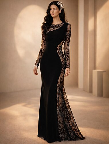  שמלות אם הכלה בת ים אורחת חתונה רשמית ערב אלגנטית צווארון יהלום אורך רצפה תחרה קטיפה שרוול ארוך ללא קישוטים צבע חוסך