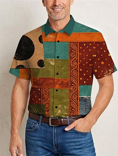  Retro vintage Hippie Jaren '70 Hemd Korte mouwen Hippie Lapwerk Kostuum Voor heren muziekfestival Feest Alledaagse kleding Volwassenen Hemd Lente zomer