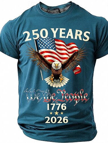  250 lat 1776 2026 My, ludzie, męska, patriotyczna, łysy orzeł, amerykańska flaga, vintage, duma, koszulka z grafiką, okrągły dekolt, krótki rękaw, święto niepodległości, prezent, odzież designerska