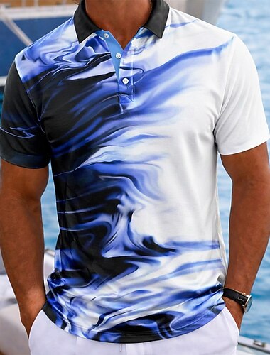  Men's Abstract Geometic Hawaiian Polo Shirts Short Sleeve Polo Shirts Lapel Casual Athleisure Vacation Wear 3D Print Buttons Spring & Summer Blue Green