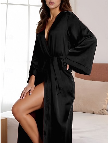  Damen Freizeitkleidung Robe Nachthemd Mode Lässig Einfarbig Satin-Seidenpyjamas Patchwork Kleid Heim Urlaub Langarm V Ausschnitt Schwarz Weiß Rosa Rote Braun Sommer Frühling Normale Passform