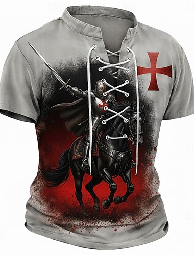  Men's Crusaders Ridder Rytter Hest Rød Tempelridders Kors Middelaldersk korsfarer Kriger Fantasi Snøring T-skjorte Heltrykk V-hals Kortermet Vintage Streetwear Renessanse Designer Klær Apparel S M