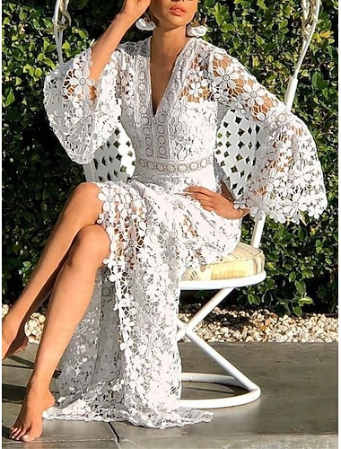  Damen Maxikleid Spitzenkleid Weißes Kleid Mode Modern Outdoor Urlaub Party Normale Passform Einfach Langarm V Ausschnitt Weiß Gelb Rosa Leicht Blau Sommer Frühling