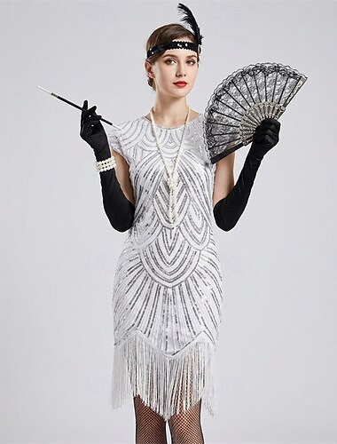  Vintage Möly 20s 1920-luku Polvipituinen Mekko Käsineet Päähine Hihaton Suuri Gatsby charleston Paljetti Tupsu Naamiaispuku Naisten Halloween Karnevaali Cocktailjuhla Aikuisten 1 Viuhka Leninki
