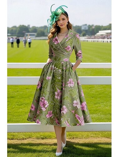  A-linje Te-lengde Festkjole Cocktail Kjole Gjestekjole til bryllup Kveldskjoler Elegant Årgang 3/4 ermer Skjortekrage Bryllup Formell Jacquard med Lomme