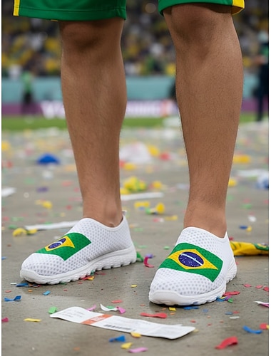  Instapsneakers voor heren met Braziliaanse vlagprint – lichtgewicht, casual mesh schoenen voor voetbalfans, op reis, voor de zomer en voor de wedstrijddag.