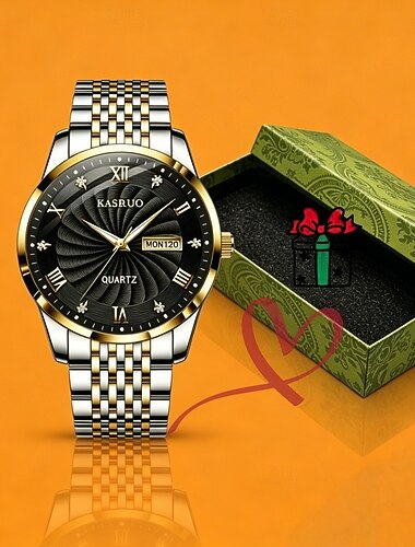  Reloj de cuarzo de negocios para hombre, esfera negra con diseño de espiral y fecha, reloj analógico de lujo bicolor de acero inoxidable, reloj de pulsera moderno e impermeable para hombre con caja de