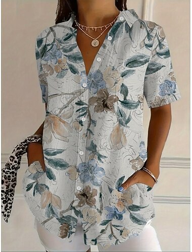  Mujer Camisa Camisa con botones Tops de verano Botones Estampado Floral Graphic Vintage Elegante Moderno Manga Corta Cuello Camisero Tops largos Diario Verde Claro Rosa Púrpula Claro Verano Primavera