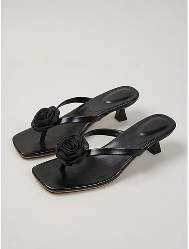  Dames zwarte slippers met bloemenprint – elegante schoenen met lage hak voor een cruise &vakantiekleding