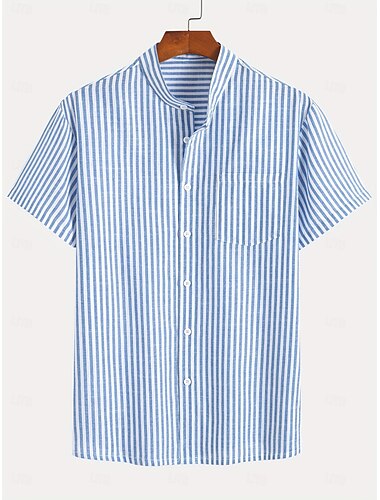  בגדי ריקוד גברים חולצה חולצת פשתן חולצת קיץ חולצת חוף רצועות אנכי קזו'אל יומי פול ורוד מסמיק שרוולים קצרים צווארון מנדרינה קיץ אביב ביגוד