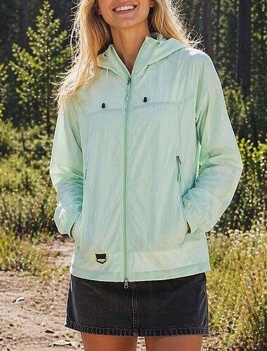  Damen Einfarbig Laufjacke Outdoorjacke Kapuzenjacke Sommer Frühling Herbst Tasche Vollreißverschluss Langarm Sonnenschutz Winddicht UV Schutz Leicht Atmungsaktiv Angeln Wandern Laufen Blau Amethyst