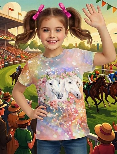  Kentucky Derby Flickor 3D Grafisk Häst T-shirt Kortärmad 3D-tryck Sommar Vår Sport Mode Streetwear Barn 4-12 år Rund hals Ledigt Dagligen Utomhus Normal