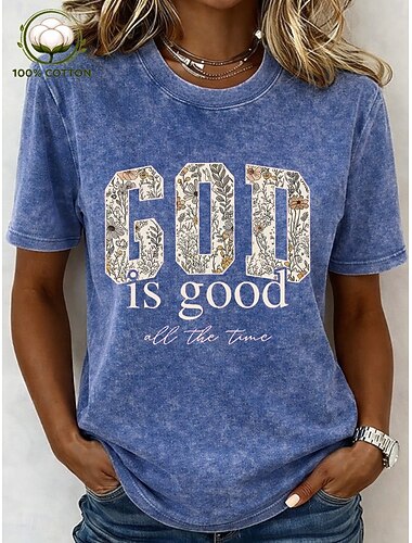  Γυναικεία Μπλουζάκι Στάμπα Πλύσιμο με οξύ Πλύνθηκε σε στυλ vintage Γράμμα Στυλάτο Βασικό Κλασσικό Κοντομάνικο Στρογγυλή Ψηλή Λαιμόκοψη Κανονικά μπλουζάκια Causal Καθημερινά