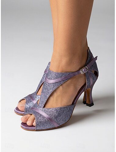  Dámské fialové třpytivé latinskoamerické taneční boty, páskové podpatky s otevřenou špičkou a páskem přes kotník na cvičení salsy, tanga a tanečního sálu &výkon