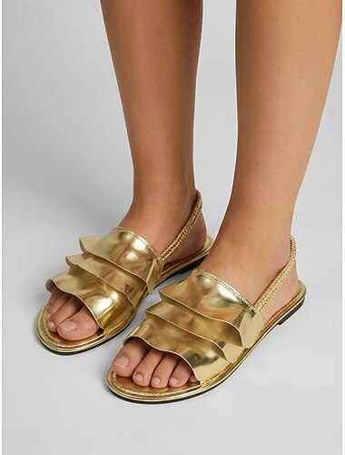  Sandales plates confortables dorées pour femmes, chaussures décontractées à bout ouvert et bride élastique à l'arrière, idéales pour une garden-party ou des vacances. &événements en plein air