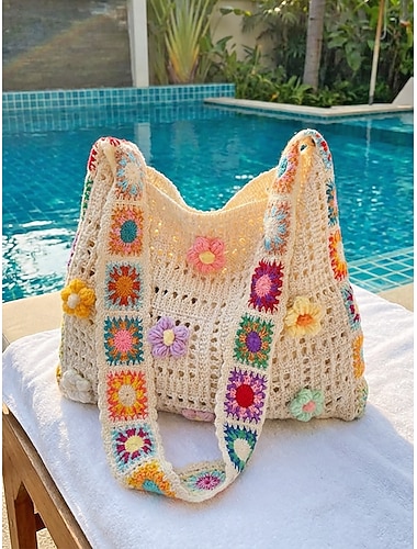 Dame bohemsk strikket heklet veske, flerfarget 3D-blomsterdekorasjonsveske med allsidige bærestiler, lett og stilig veske for strandferie og uformell daglig bruk